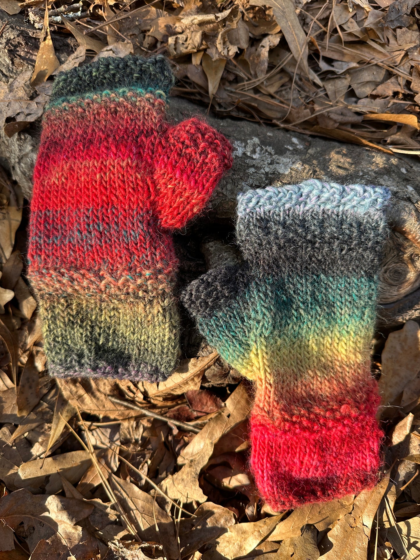 Fingerless Gloves, Hand Painted Wool, Hand Knit in Rainbow colors