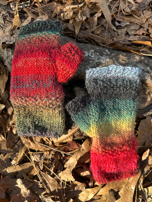 Fingerless Gloves, Hand Painted Wool, Hand Knit in Rainbow colors