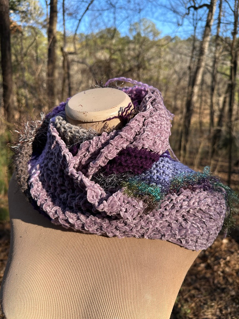 Mobius Ring Circle Cowl Infinity Scarf, hand knit, Mauve/Purple/Gray palette