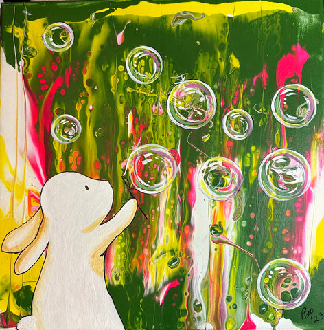 Lose your Troubles in the Bubbles, 12x12 inch acrylic on canvas, ready to hang