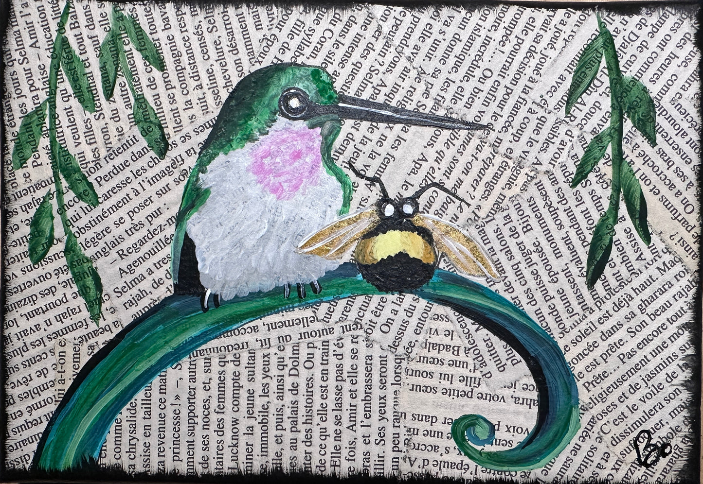 Hummingbird & Bee, 5x7 inch Gallery Wrapped Canvas, Decoupaged, painted in Acrylic