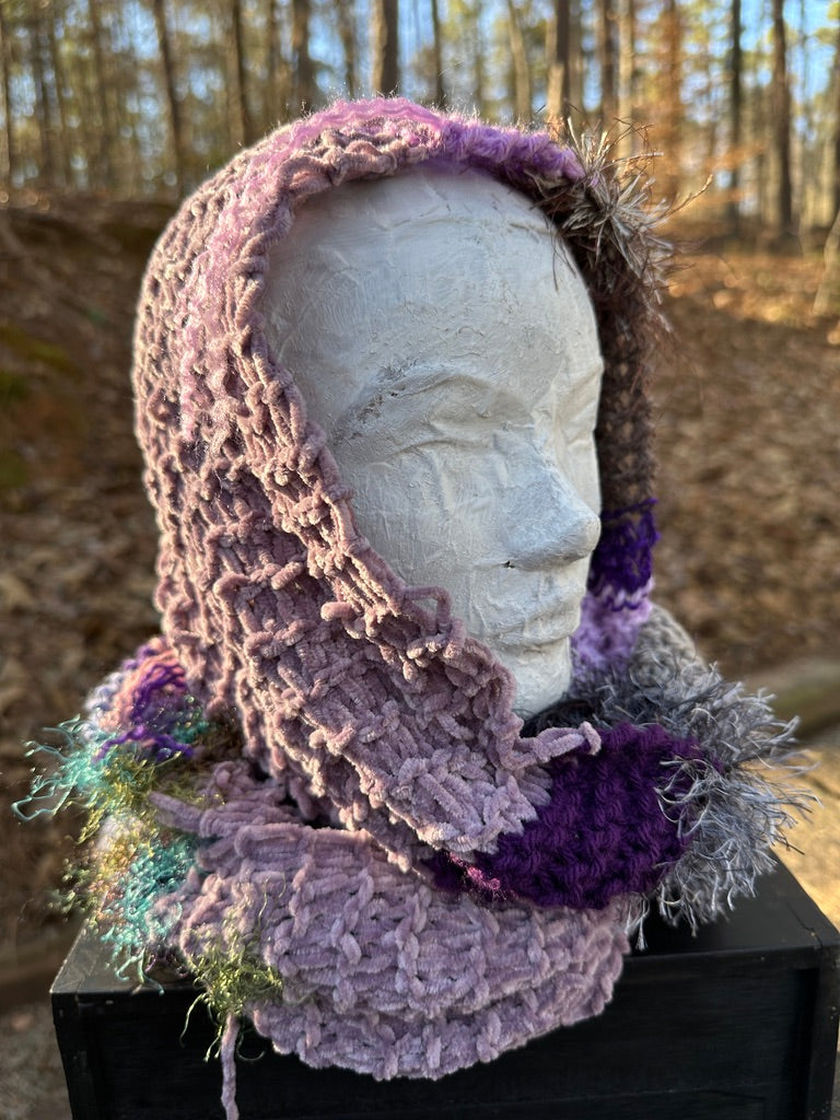 Mobius Ring Circle Cowl Infinity Scarf, hand knit, Mauve/Purple/Gray palette