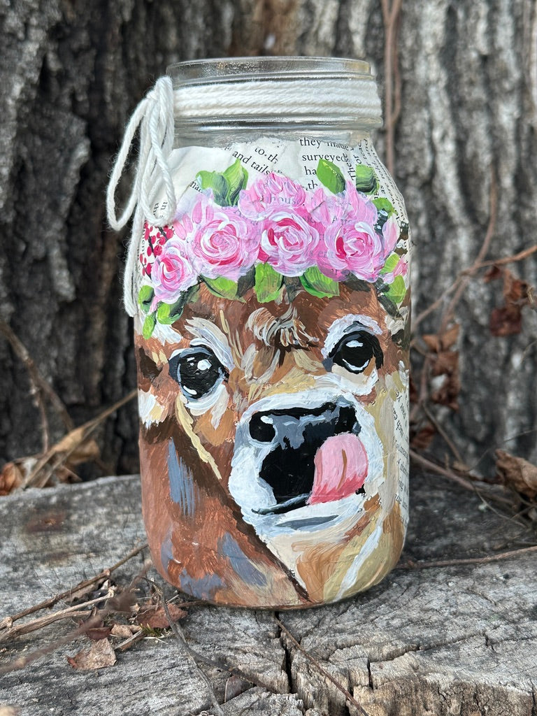 Jersey Calf painted on Vintage quart Mason Jar FREE SHIPPING