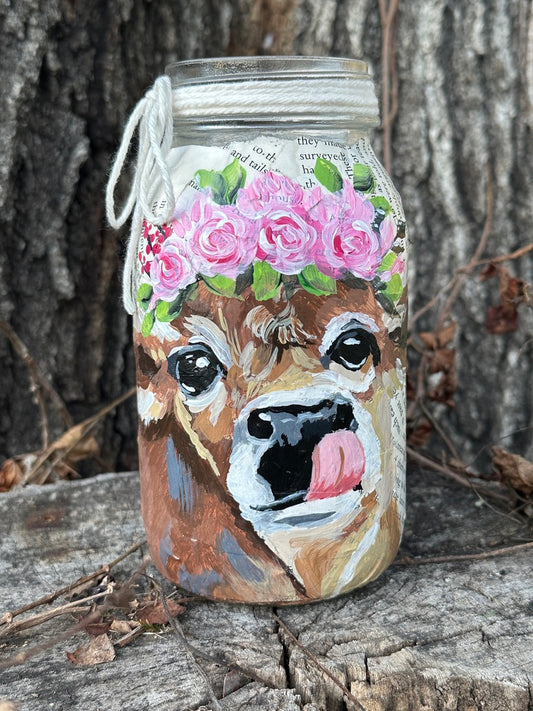 Jersey Calf painted on Vintage  quart Mason Jar