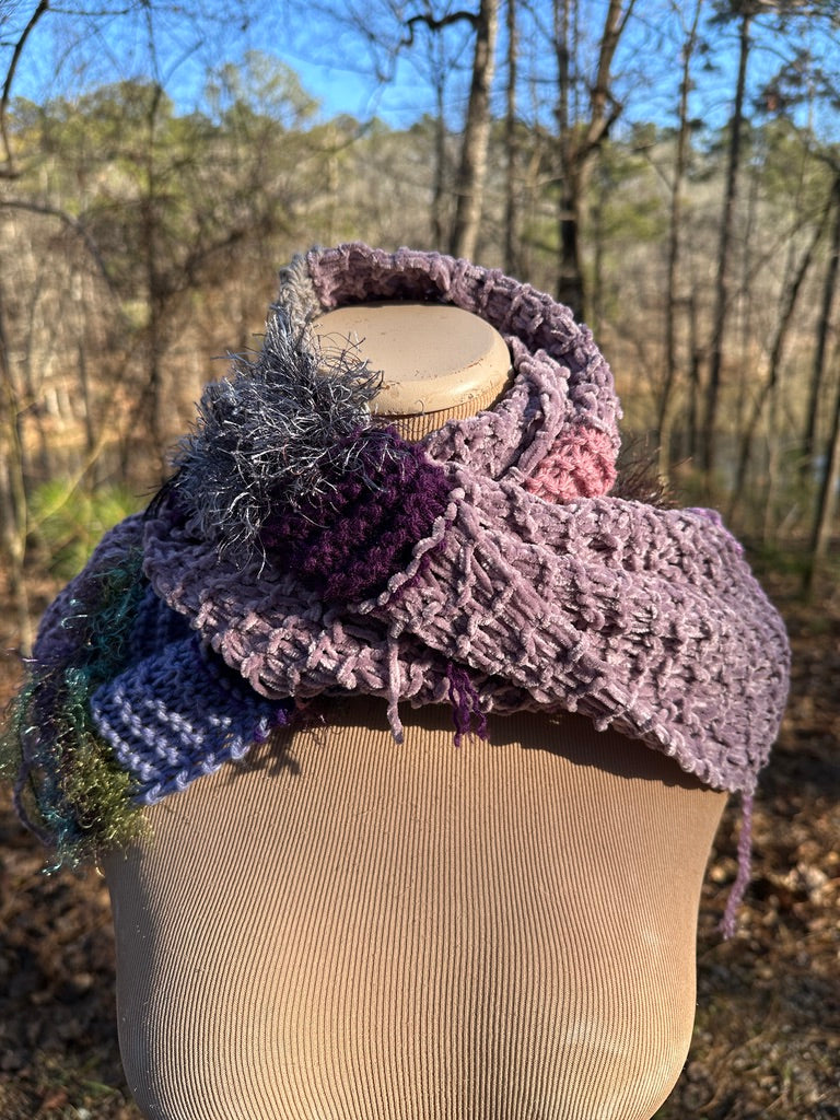 Mobius Ring Circle Cowl Infinity Scarf, hand knit, Mauve/Purple/Gray palette