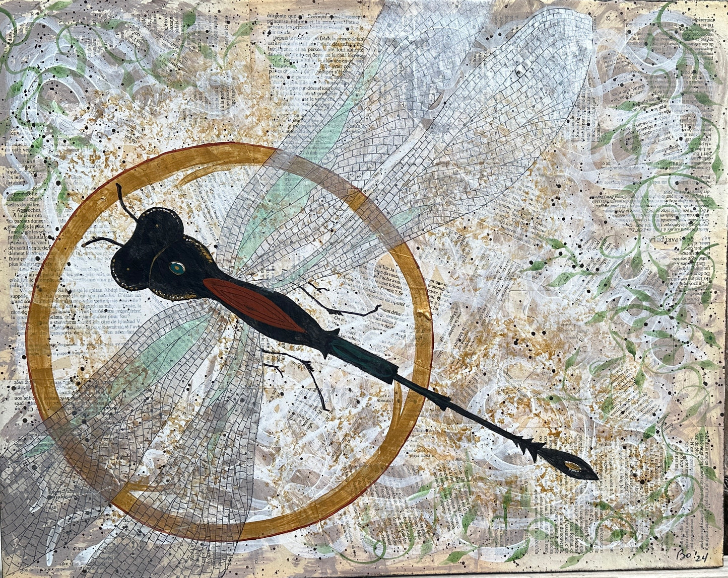 Dragonfly, I am Always with You, 16x20 Acrylic Painting on decoupaged, gallery wrapped canvas, FREE SHIPPING