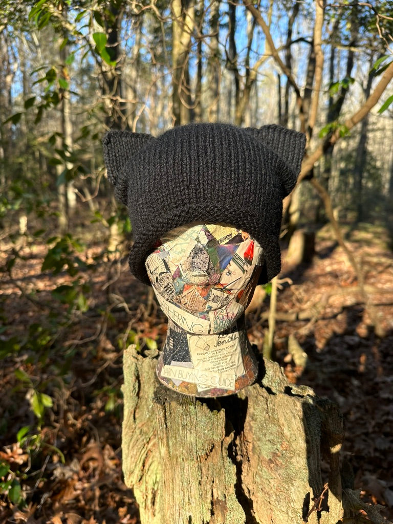 Black Cat Hat, Hand knit in Wool, FREE SHIPPING