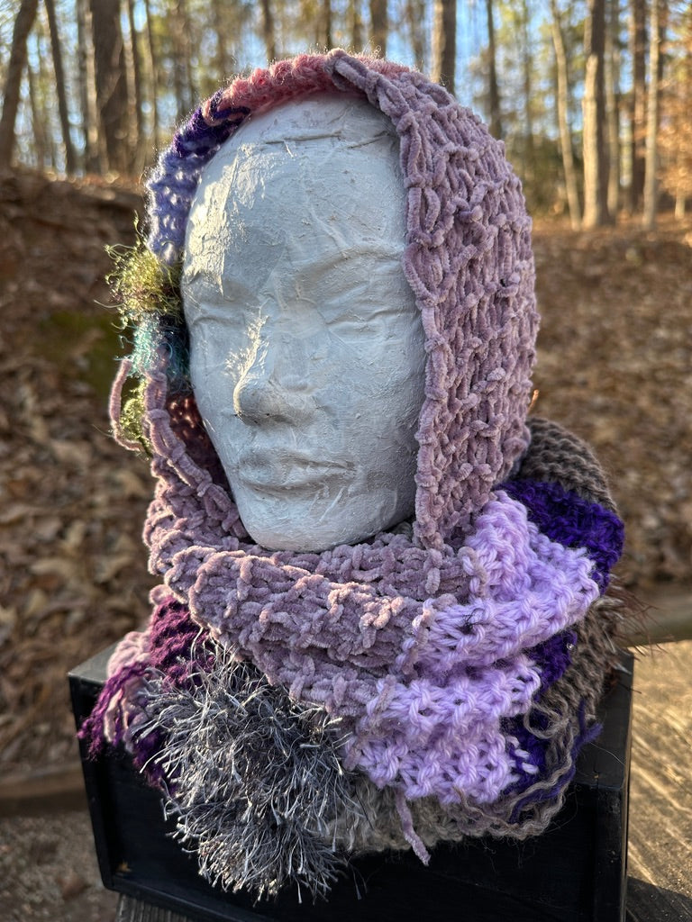Mobius Ring Circle Cowl Infinity Scarf, hand knit, Mauve/Purple/Gray palette