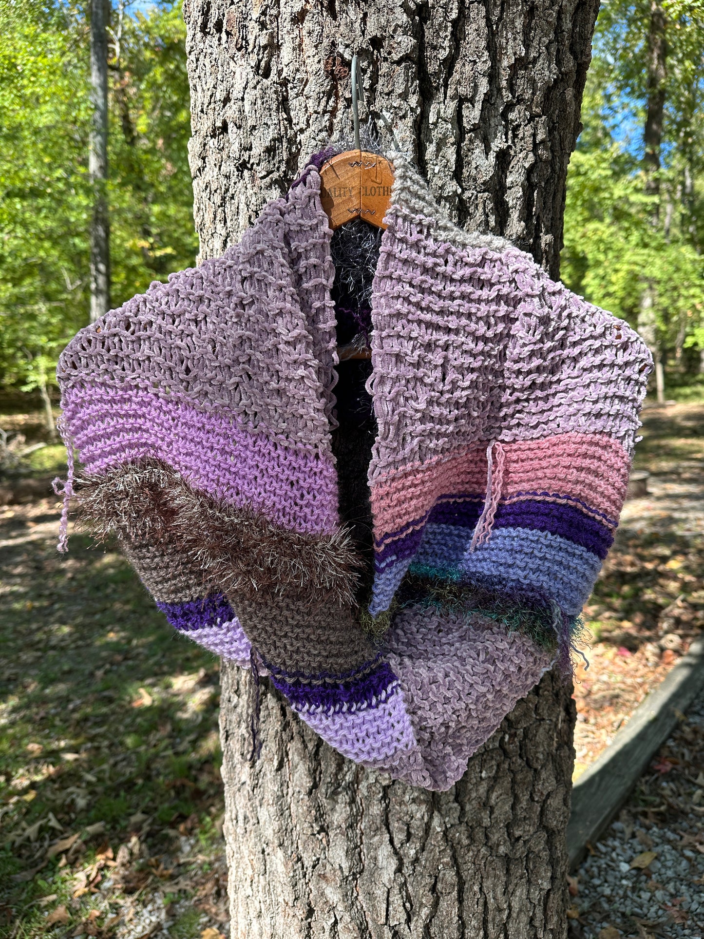 Mobius Ring Circle Cowl Infinity Scarf, hand knit, Mauve/Purple/Gray palette