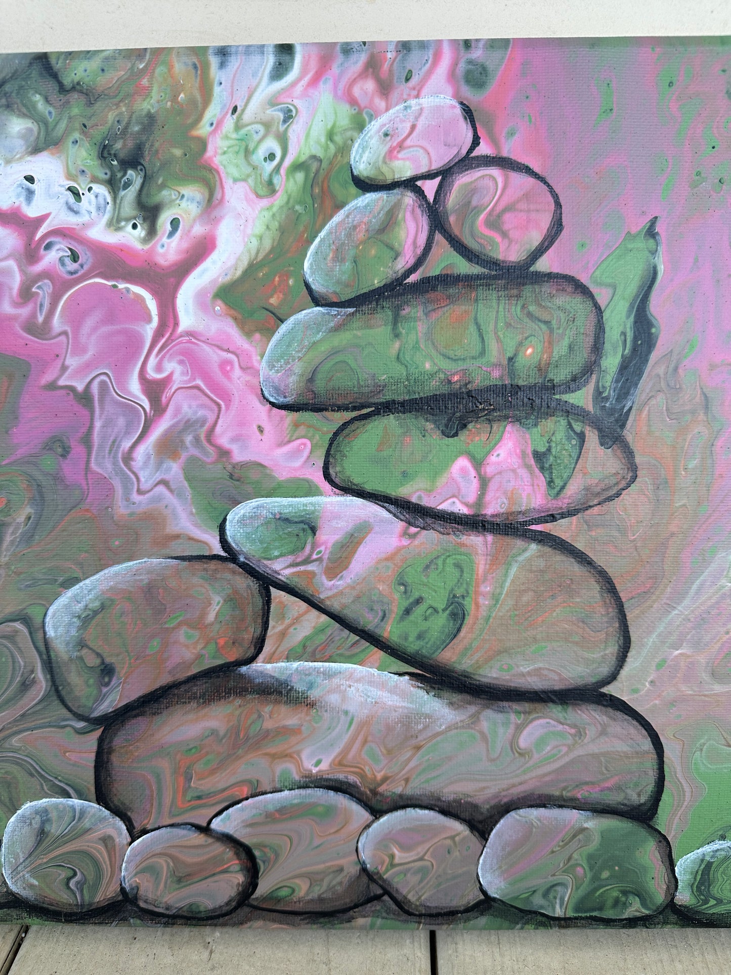 Rock Cairn on a paint pour, 11x14 gallery wrapped canvas