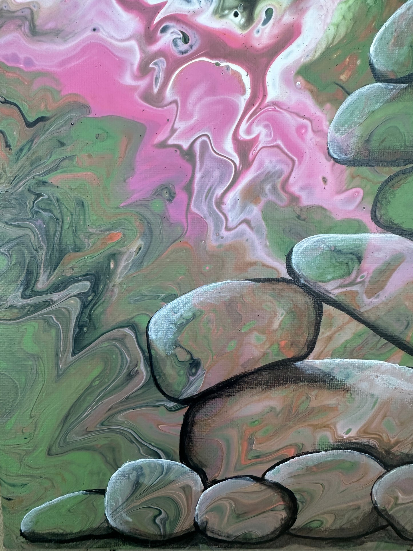 Rock Cairn on a paint pour, 11x14 gallery wrapped canvas, FREE SHIPPING