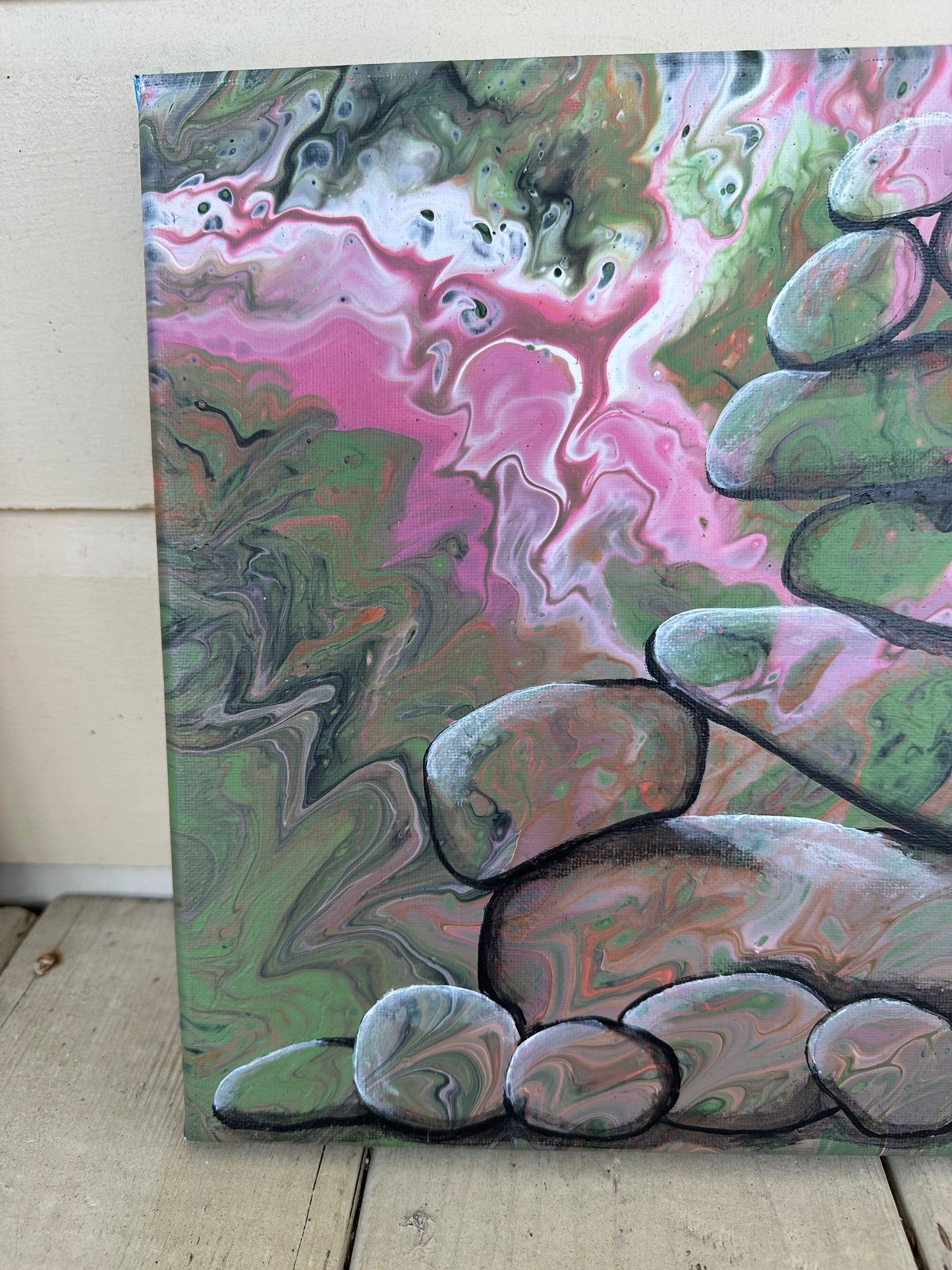 Rock Cairn on a paint pour, 11x14 gallery wrapped canvas, FREE SHIPPING