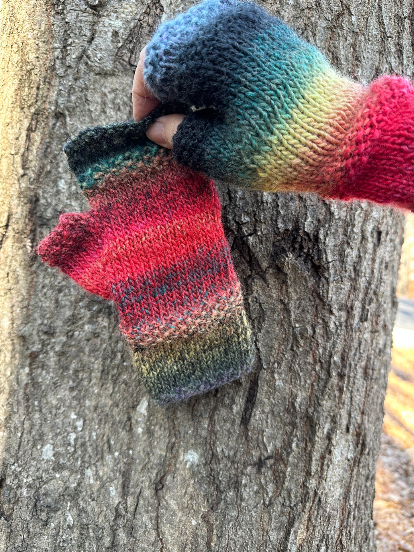 Fingerless Gloves, Hand Painted Wool, Hand Knit in Rainbow colors
