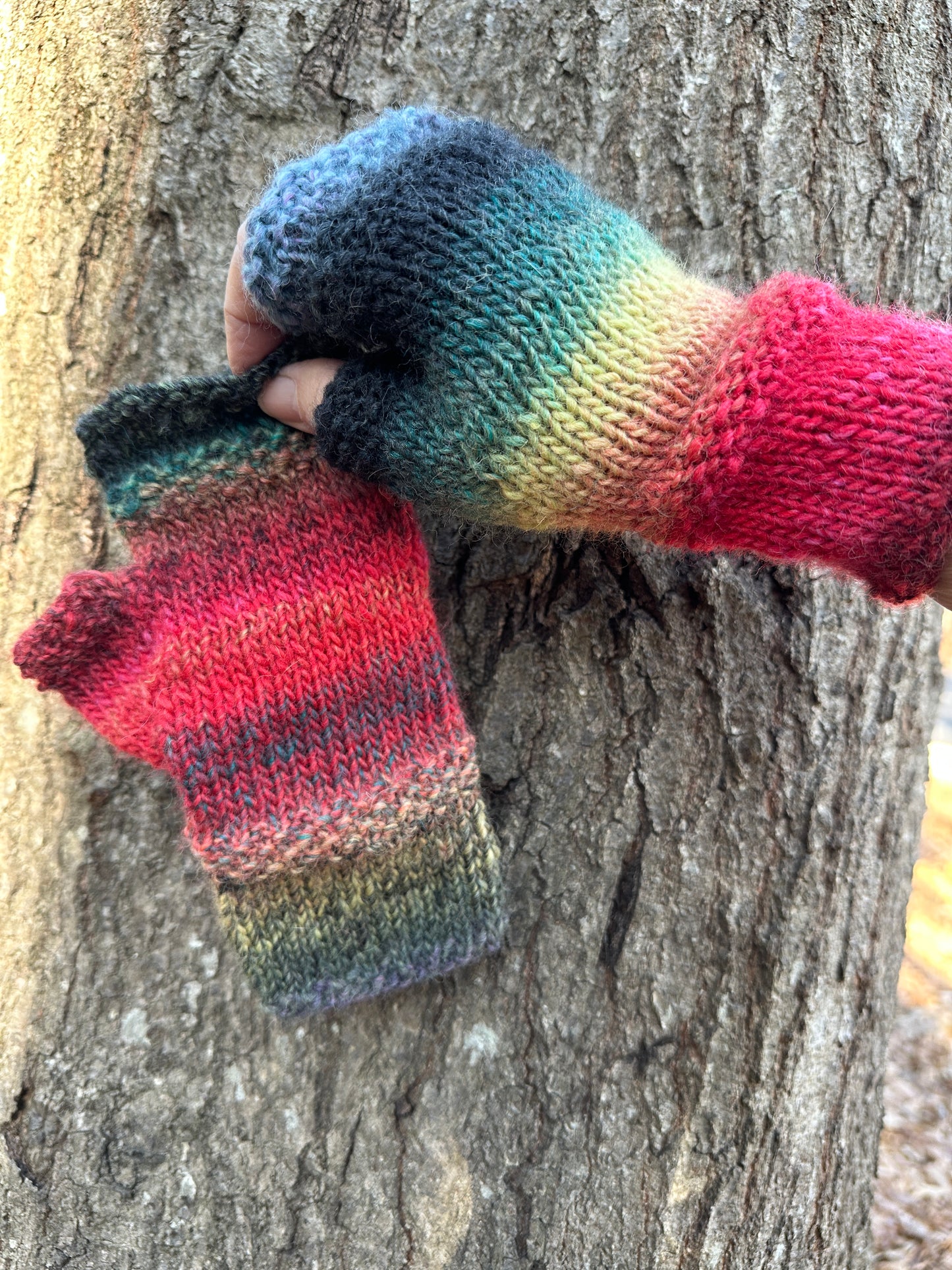 Fingerless Gloves, Hand Painted Wool, Hand Knit in Rainbow colors