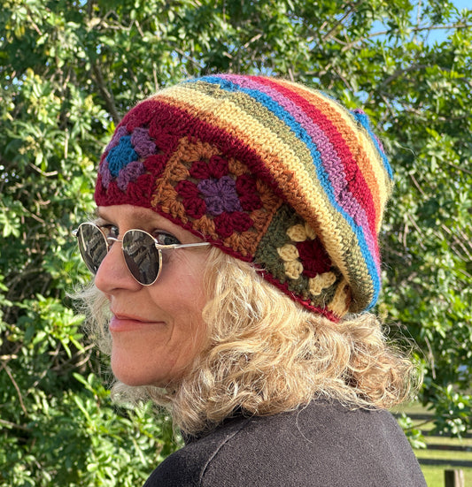 Dark Hued Rainbow Crochet & Knit Wool Beanie Hat Toboggan