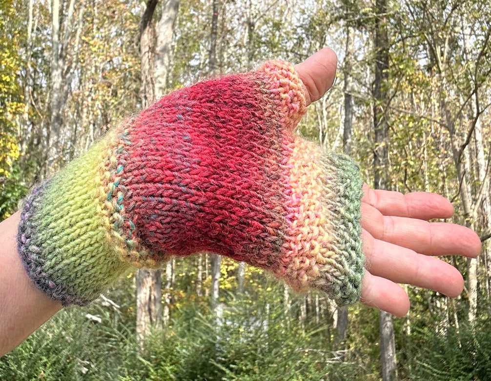 Hand Knit Fingerless Gloves, Hand Painted Wool, Rainbow colors