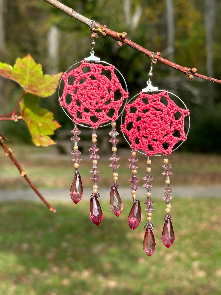 Micro Crochet Dream Catcher Earrings, hand beaded FREE SHIPPING