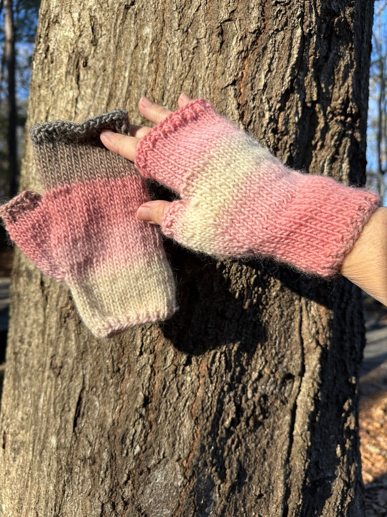 Strawberry, Cream, Taupe Wool Fingerless Gloves hand knit FREE SHIPPING