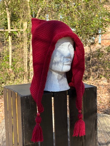 Dark Red Pixie Hood, Hand Knit in Wool FREE SHIPPING