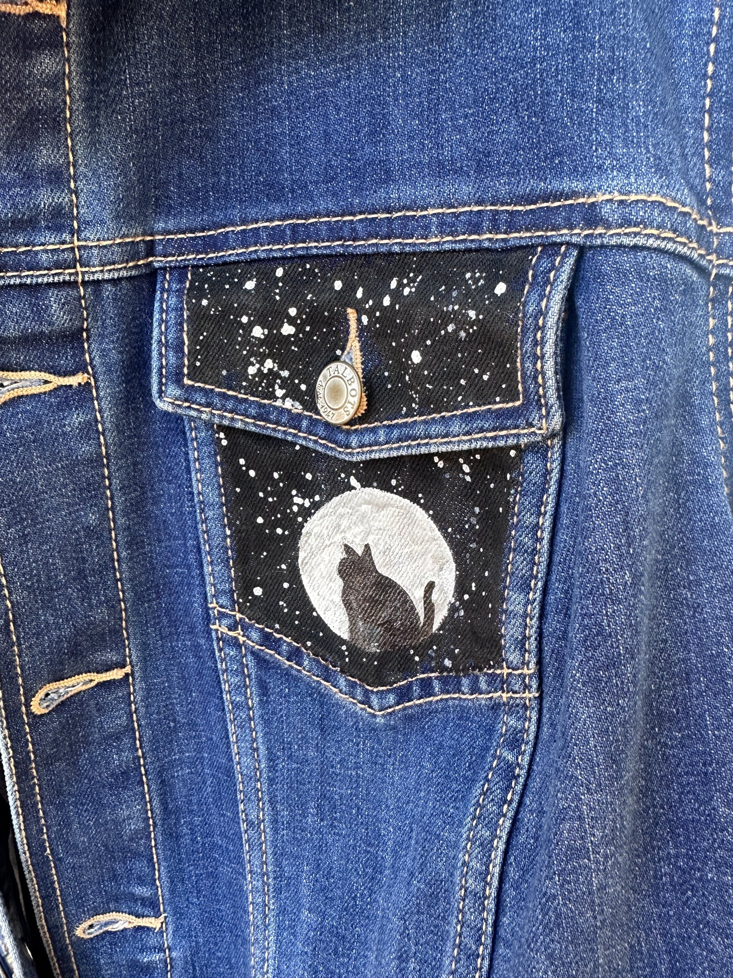 Denim Jacket, Size XL Hand Painted Black Cat