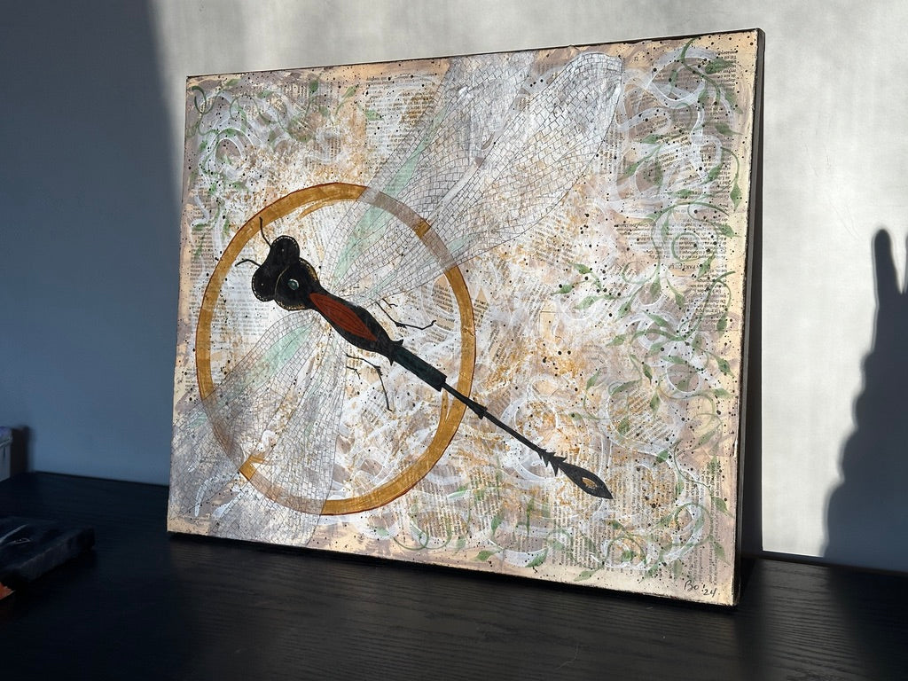 Dragonfly, I am Always with You, 16x20 Acrylic Painting on decoupaged, gallery wrapped canvas, FREE SHIPPING