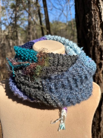 Mobius Ring Circle Cowl Infinity Scarf, hand knit, Blue/Purple/Teal palette FREE SHIPPING