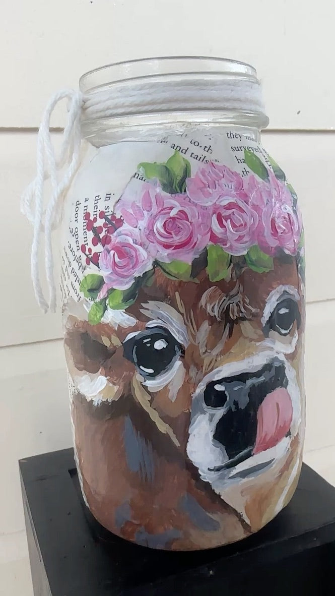 Jersey Calf painted on Vintage  quart Mason Jar FREE SHIPPING