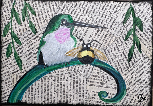 Hummingbird & Bee, 5x7 inch Gallery Wrapped Canvas, Decoupaged, painted in Acrylic