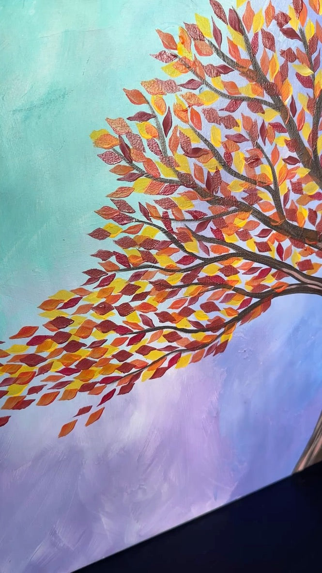 Autumn Tree on Cool Background, 16x20 acrylic on gallery wrapped canvas, FREE SHIPPING