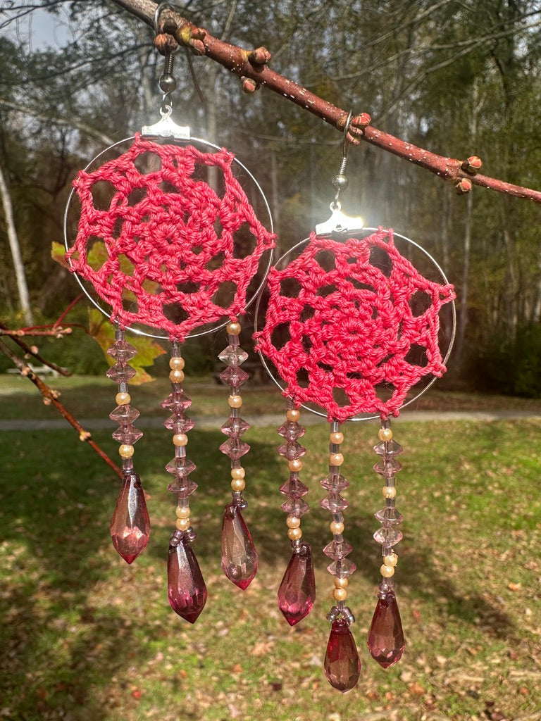 Micro Crochet Dream Catcher Earrings, hand beaded FREE SHIPPING