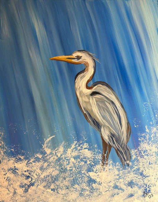 Waterfall Heron, 16x20 Acrylic on Canvas, ready to hang