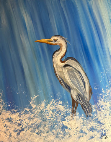 Waterfall Heron, 16x20 Acrylic on Canvas, ready to hang