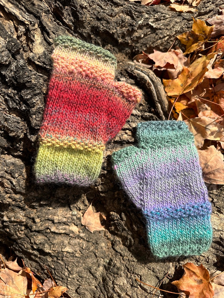 Hand Knit Fingerless Gloves, Hand Painted Wool, Rainbow colors