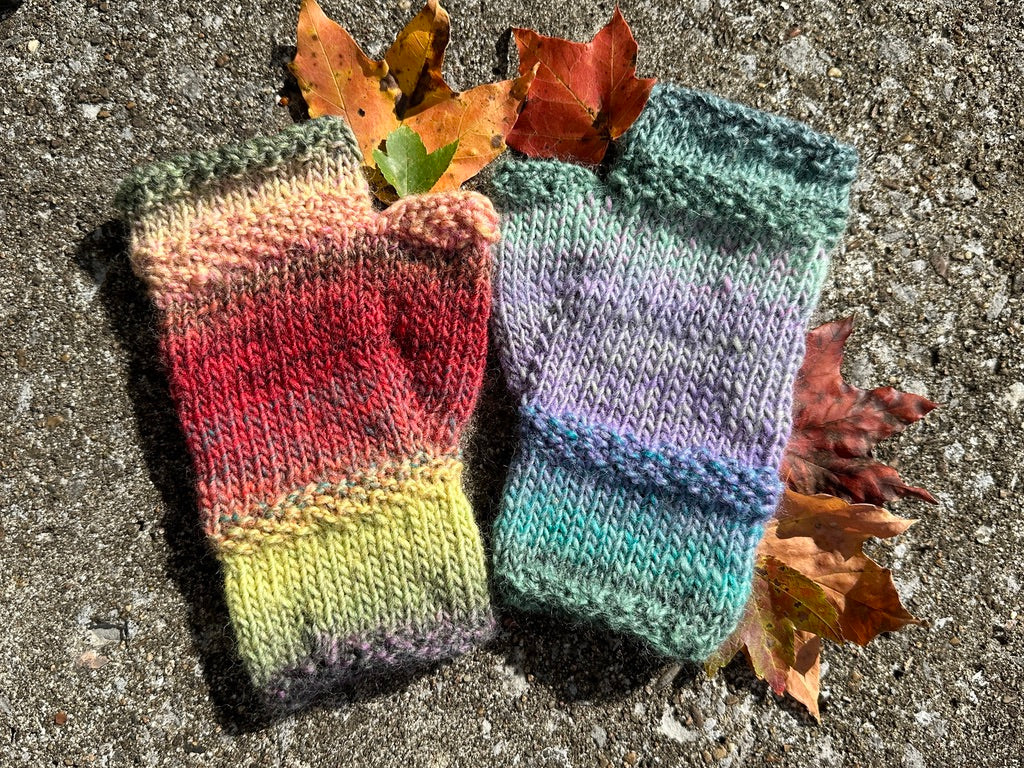 Hand Knit Fingerless Gloves, Hand Painted Wool, Rainbow colors