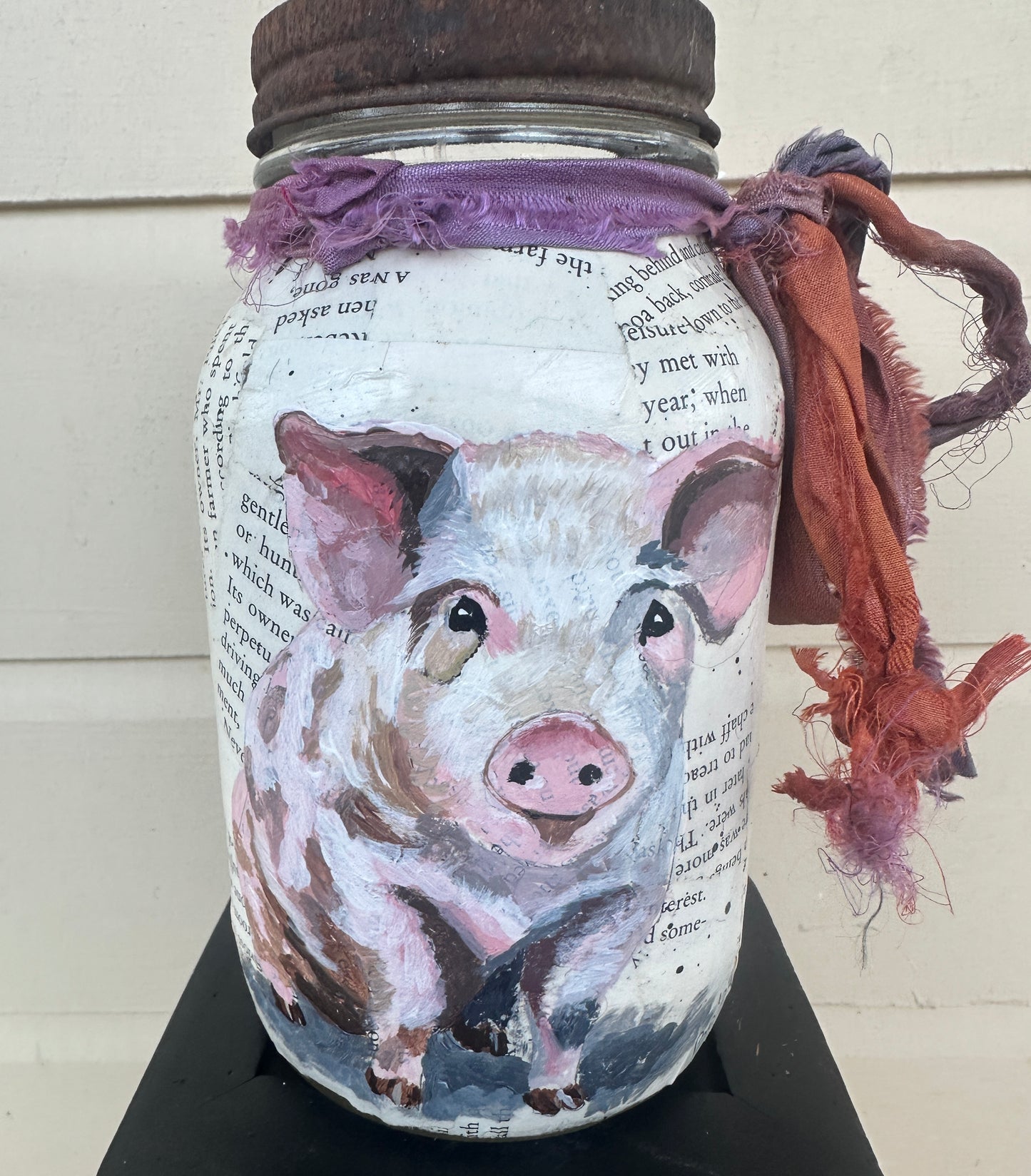 Pink Piglet painted on Vintage  quart Mason Jar FREE SHIPPING