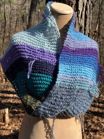 Mobius Ring Circle Cowl Infinity Scarf, hand knit, Blue/Purple/Teal palette FREE SHIPPING