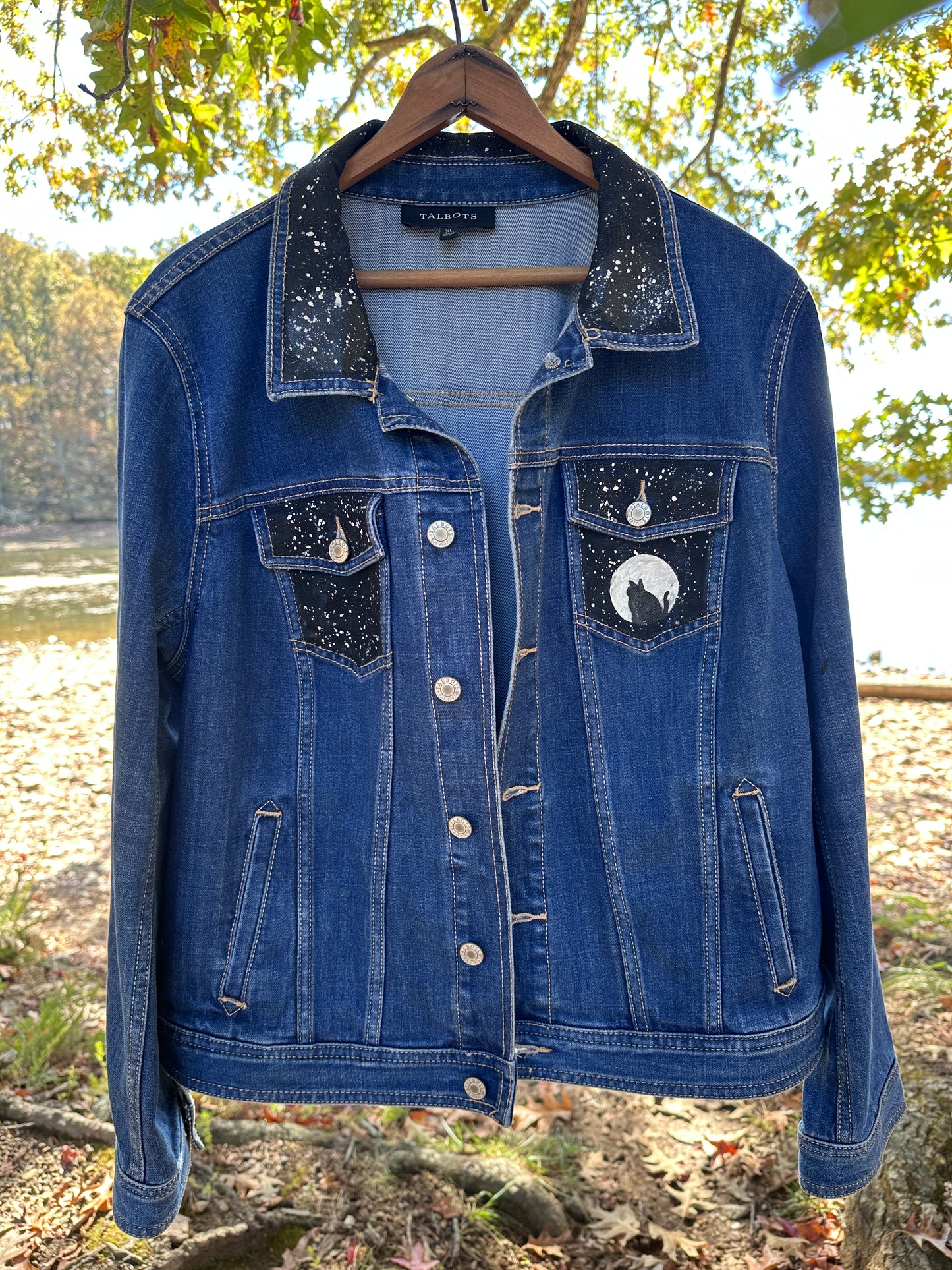 Denim Jacket, Size XL Hand Painted Black Cat