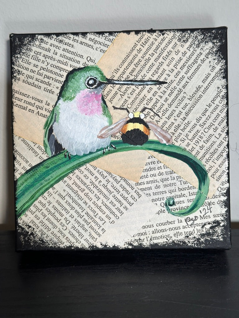 Summer Friends, 5x5 inch Gallery Wrapped Canvas, Decoupaged, painted in Acrylic, FREE SHIPPING