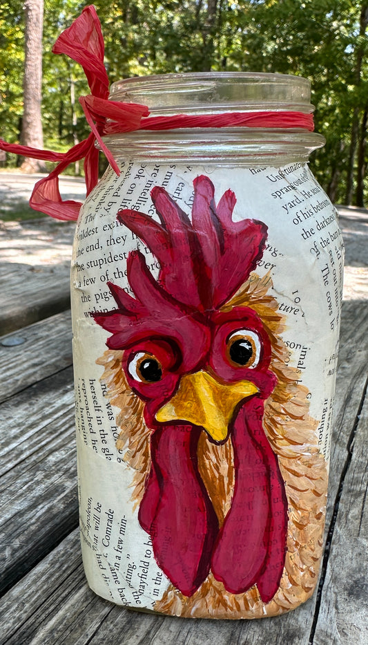 Chicken painted on Vintage Glass Mason Jar  FREE SHIPPING