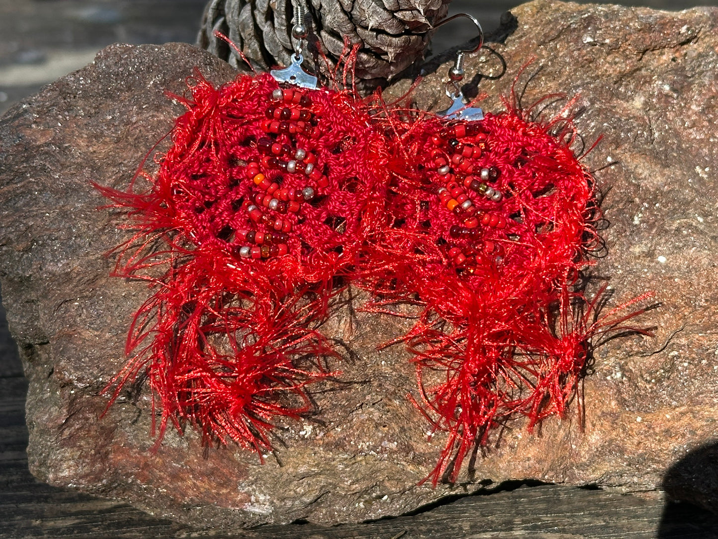 Red Micro Crochet Lace Earrings on Nickel ear wires, FREE SHIPPING