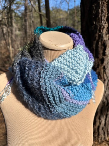 Mobius Ring Circle Cowl Infinity Scarf, hand knit, Blue/Purple/Teal palette FREE SHIPPING