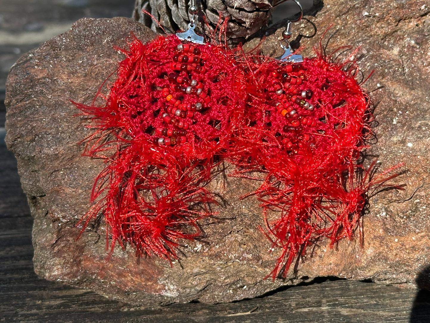 Red Micro Crochet Lace Earrings on Nickel ear wires, FREE SHIPPING