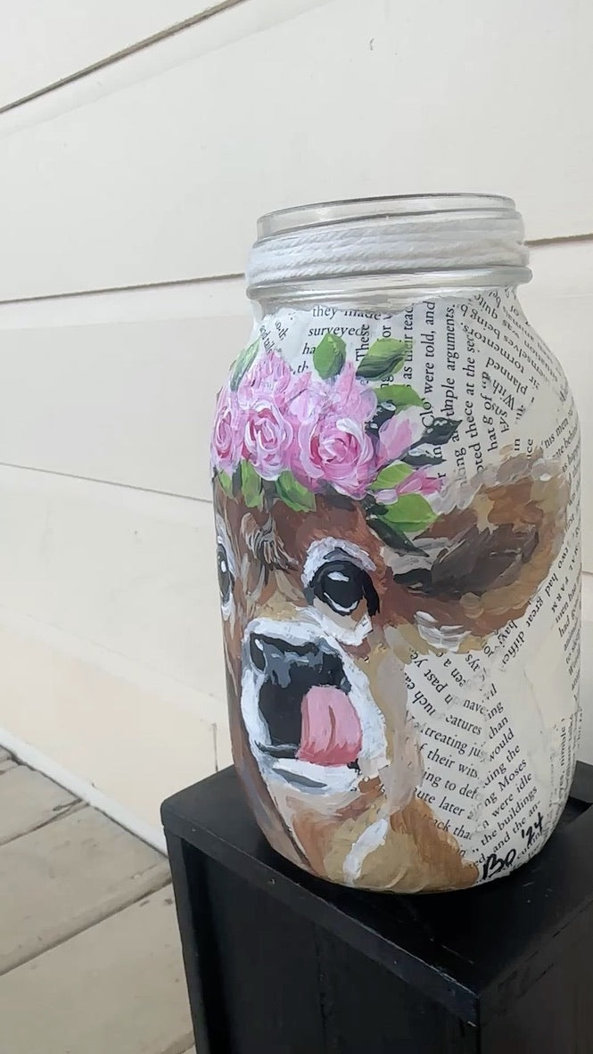 Jersey Calf painted on Vintage  quart Mason Jar FREE SHIPPING