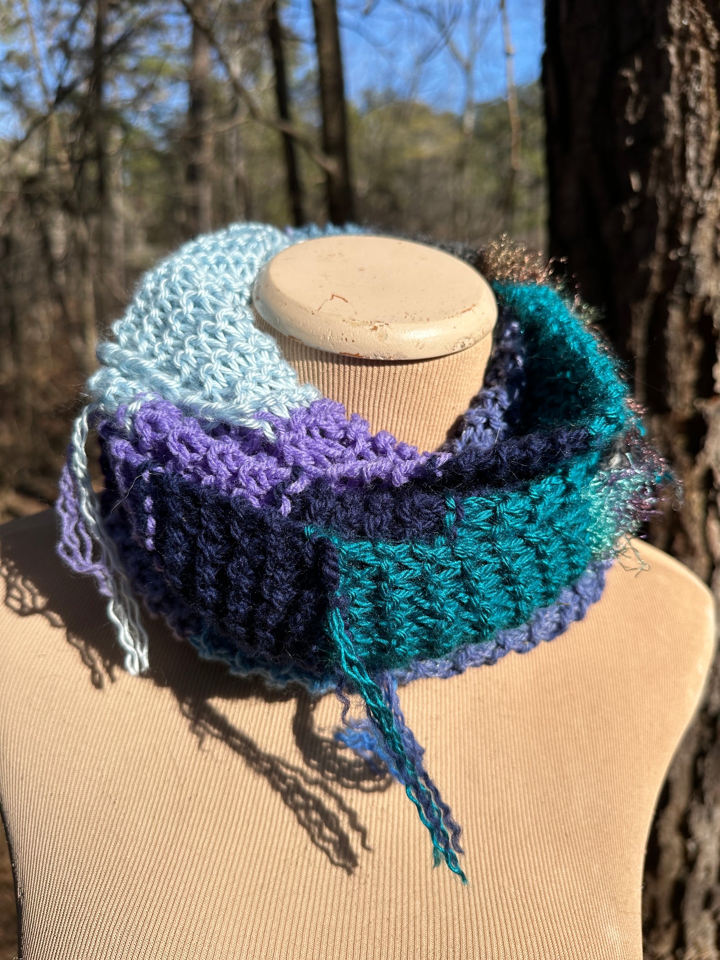 Mobius Ring Circle Cowl Infinity Scarf, hand knit, Blue/Purple/Teal palette FREE SHIPPING