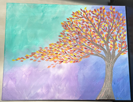 Autumn Tree on Cool Background, 16x20 acrylic on gallery wrapped canvas, FREE SHIPPING