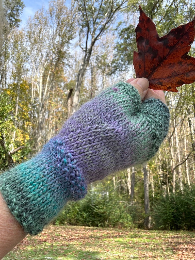 Hand Knit Fingerless Gloves, Hand Painted Wool, Rainbow colors