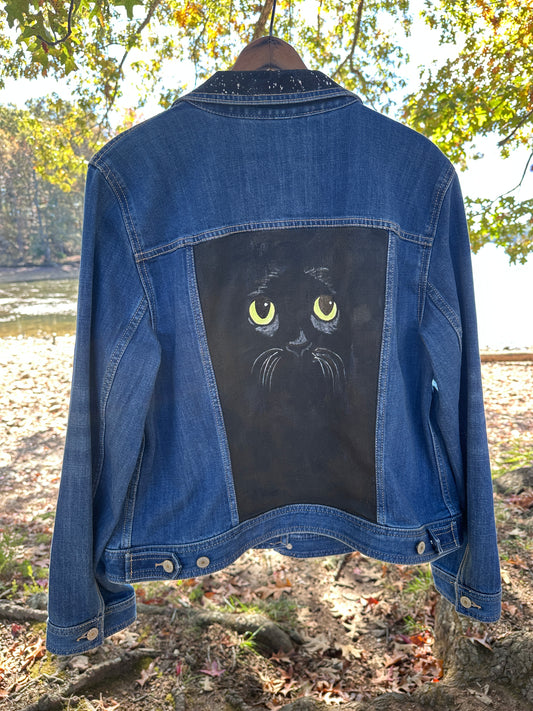 Denim Jacket, Size XL Hand Painted Black Cat