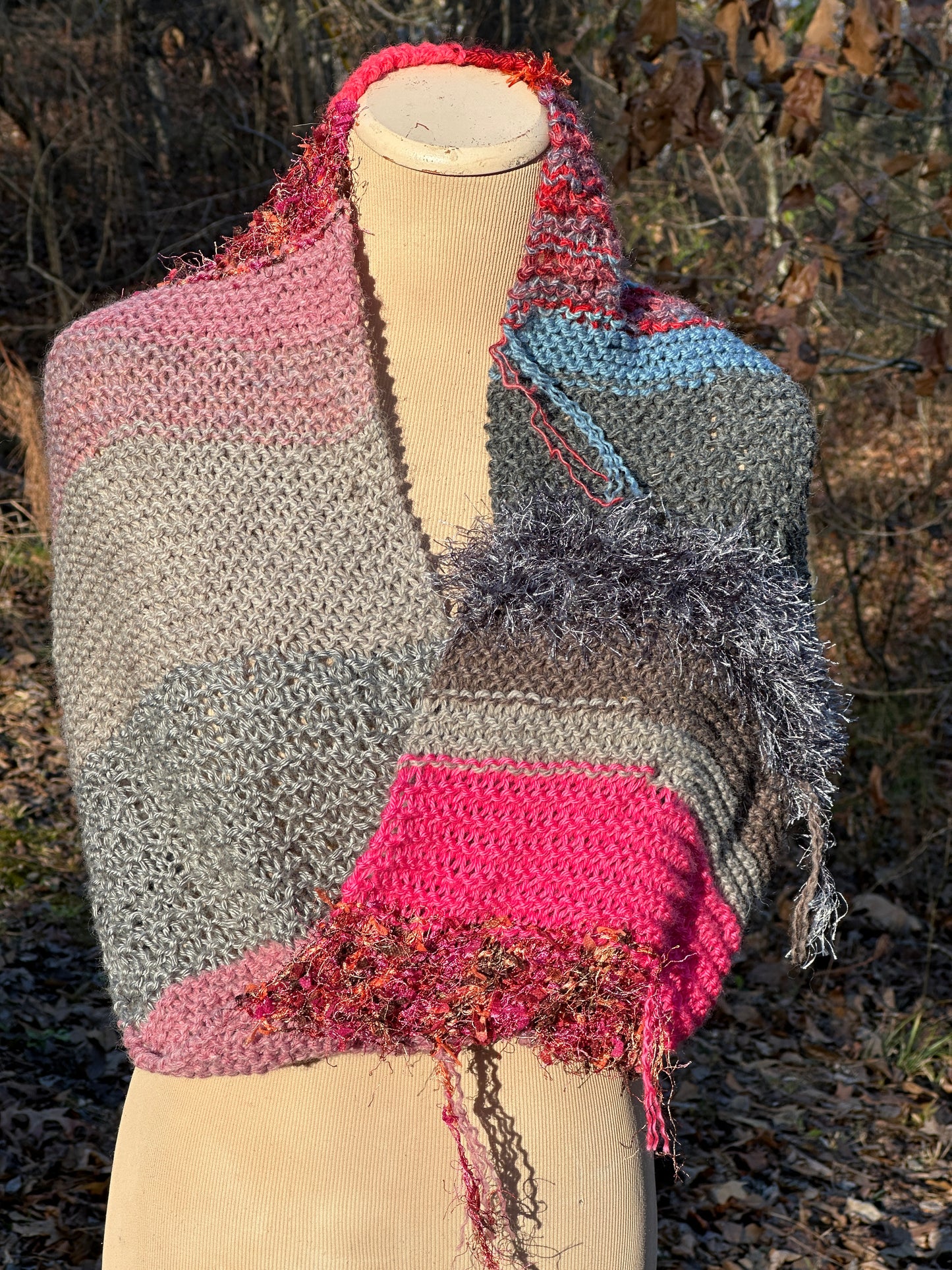 Mobius Ring Circle Cowl Infinity Scarf, hand knit, Red/Pink/Gray palette FREE SHIPPING