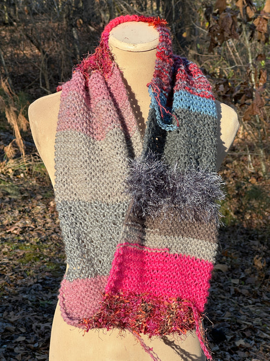 Mobius Ring Circle Cowl Infinity Scarf, hand knit, Red/Pink/Gray palette FREE SHIPPING