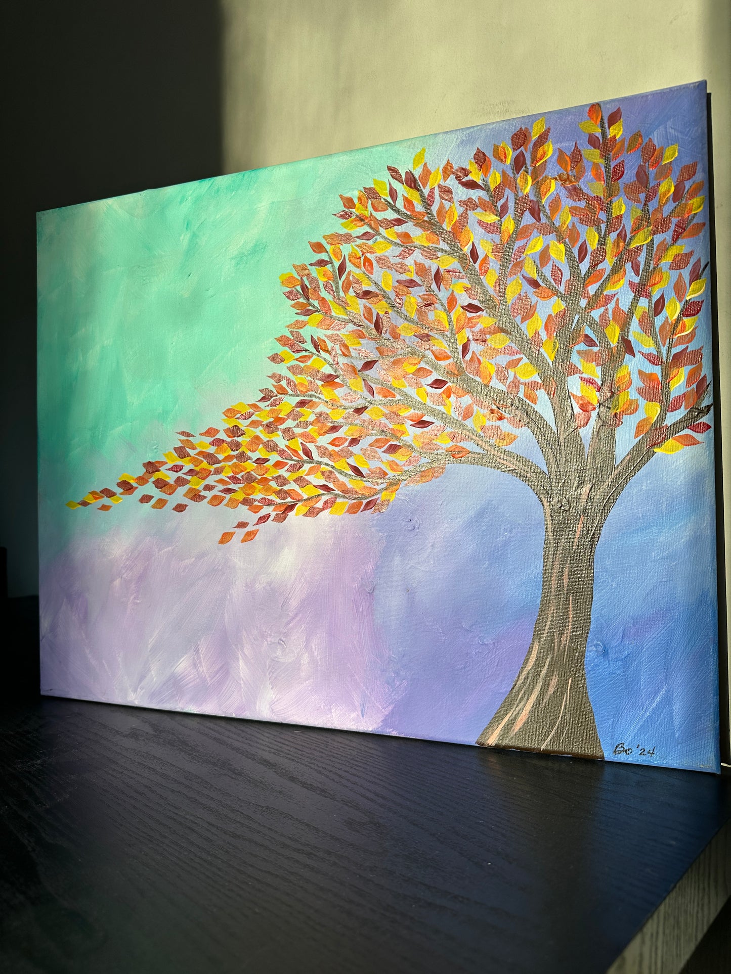 Autumn Tree on Cool Background, 16x20 acrylic on gallery wrapped canvas, FREE SHIPPING